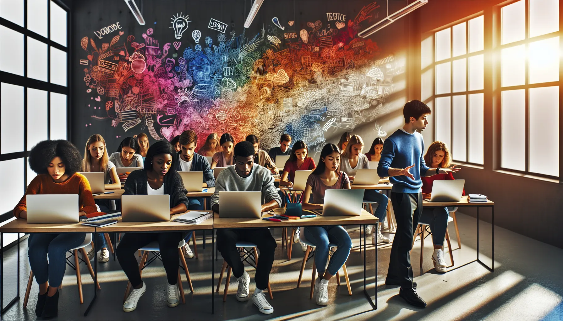 diverse students engaged in a Novasoft Photoshop course in a modern classroom.