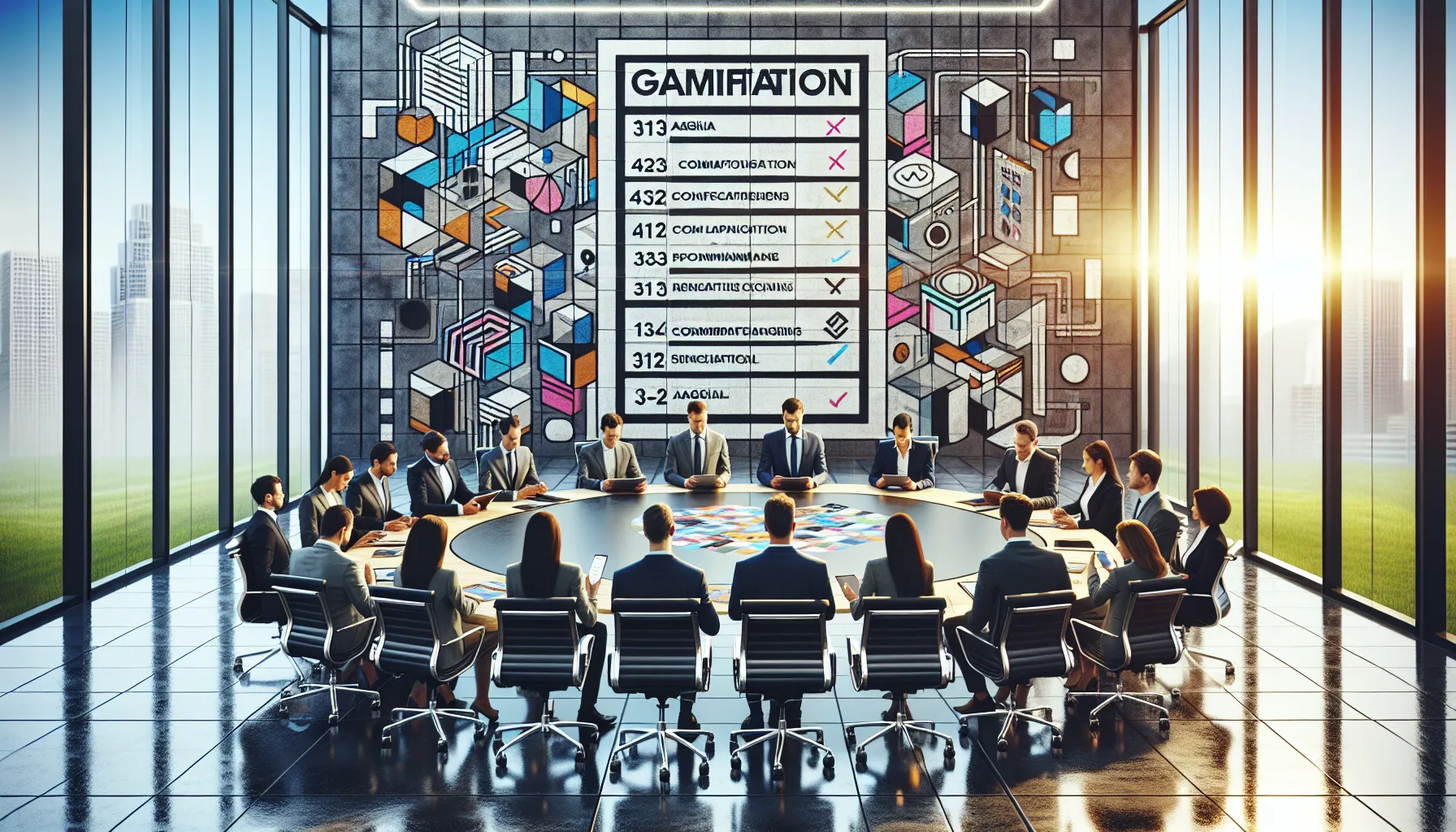 professionals preparing for a gamification summit in a modern office.