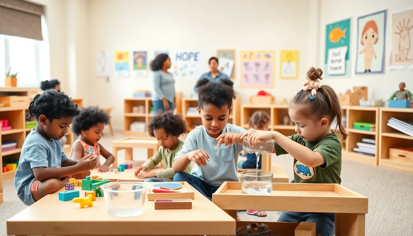 children engaged in Montessori learning activities in a bright classroom.