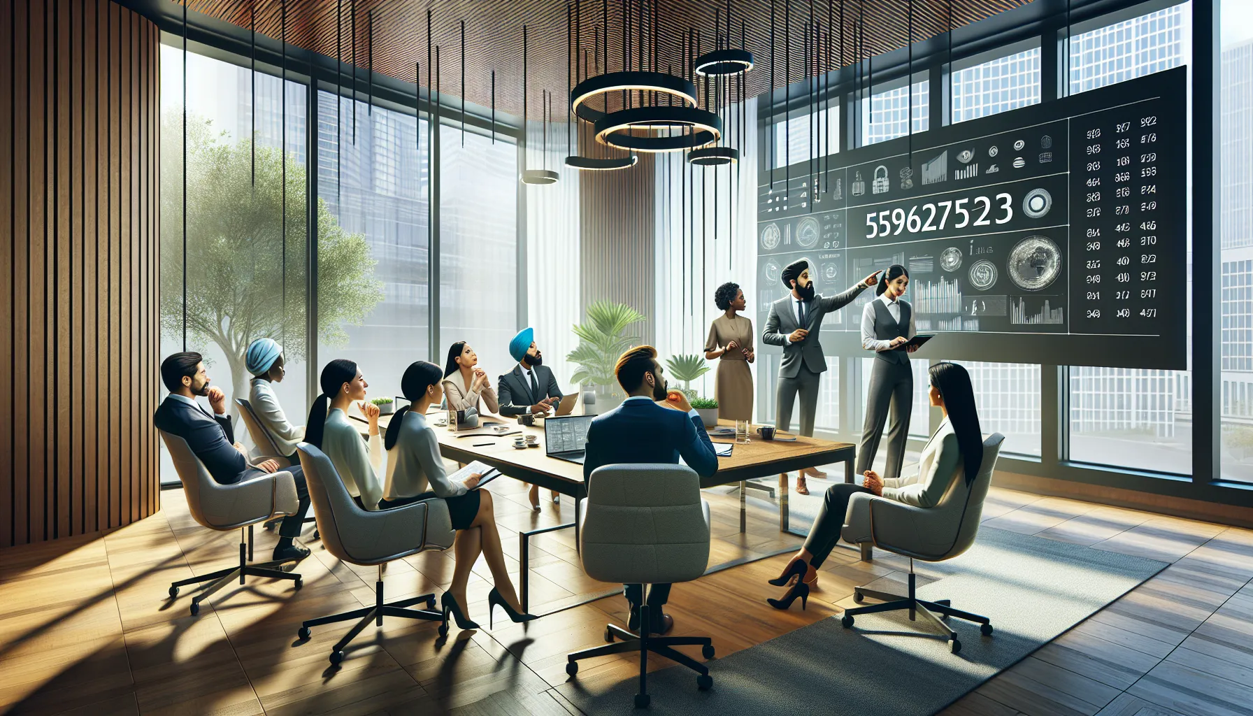diverse professionals discussing a number in a modern office setting.