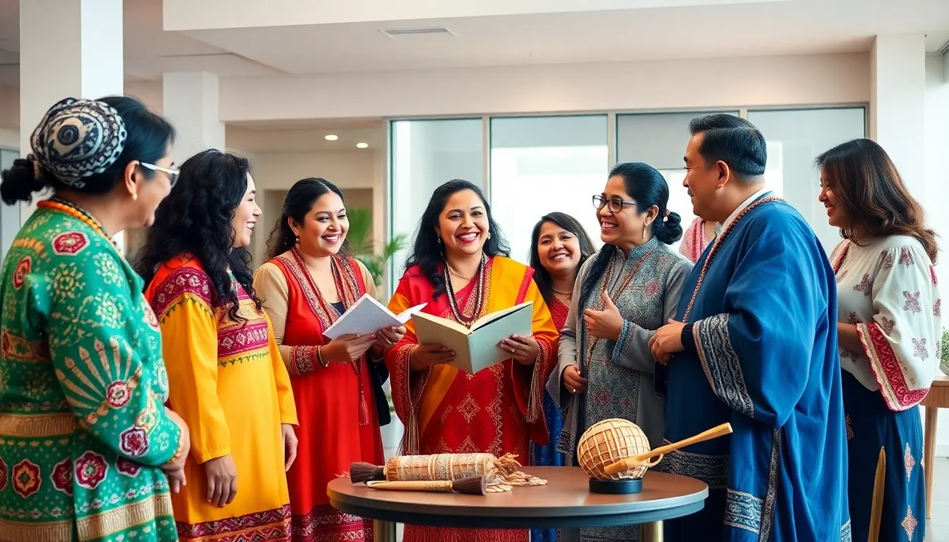 diverse group celebrating Sàtamatka in a community center.