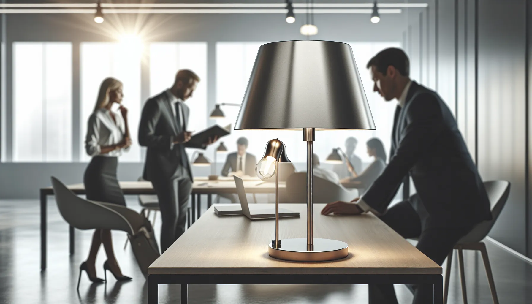 a modern lamp and diverse professionals troubleshooting in an office.