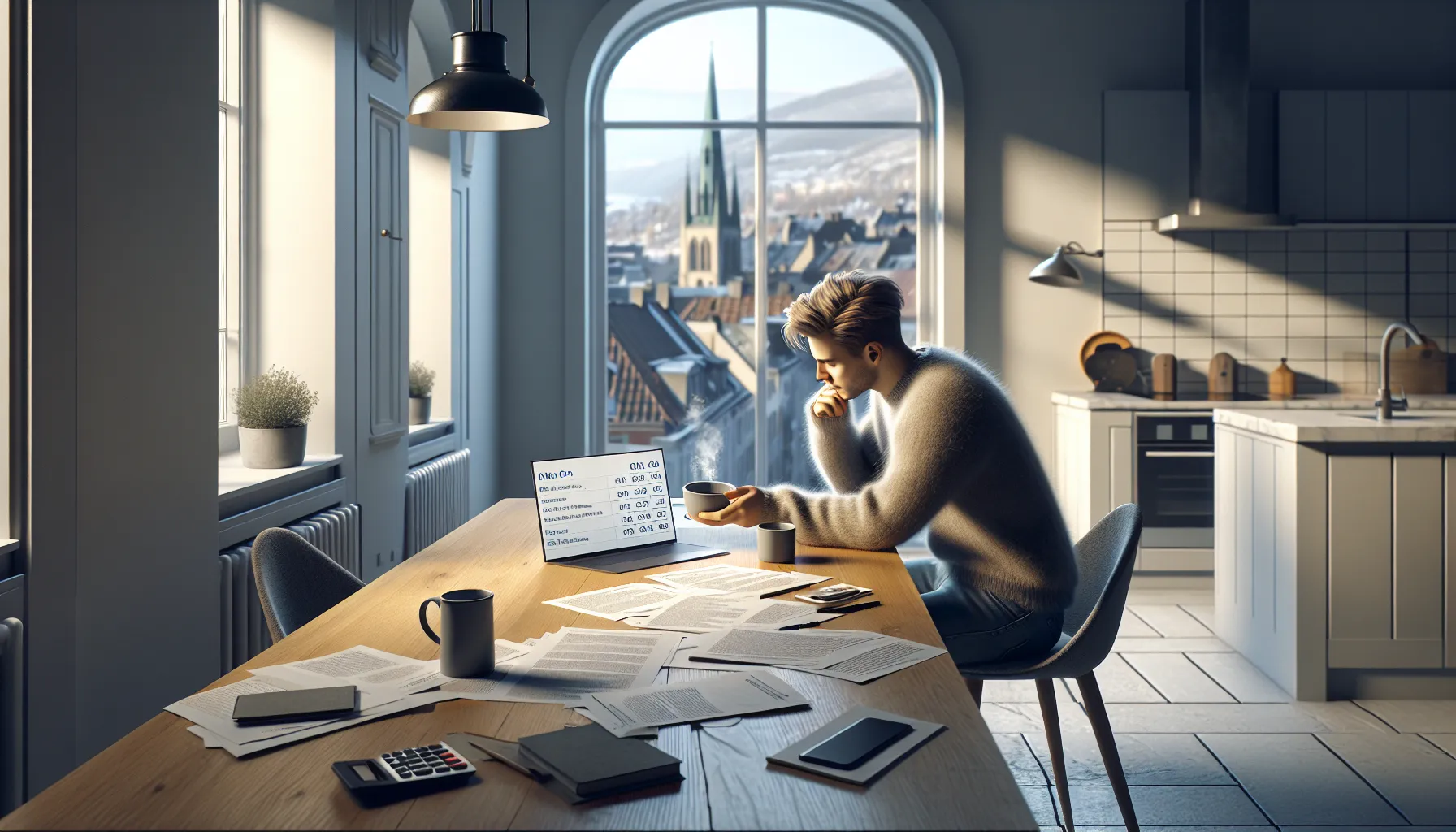 Young norwegian professional comparing student loan refinancing options on a laptop at home.