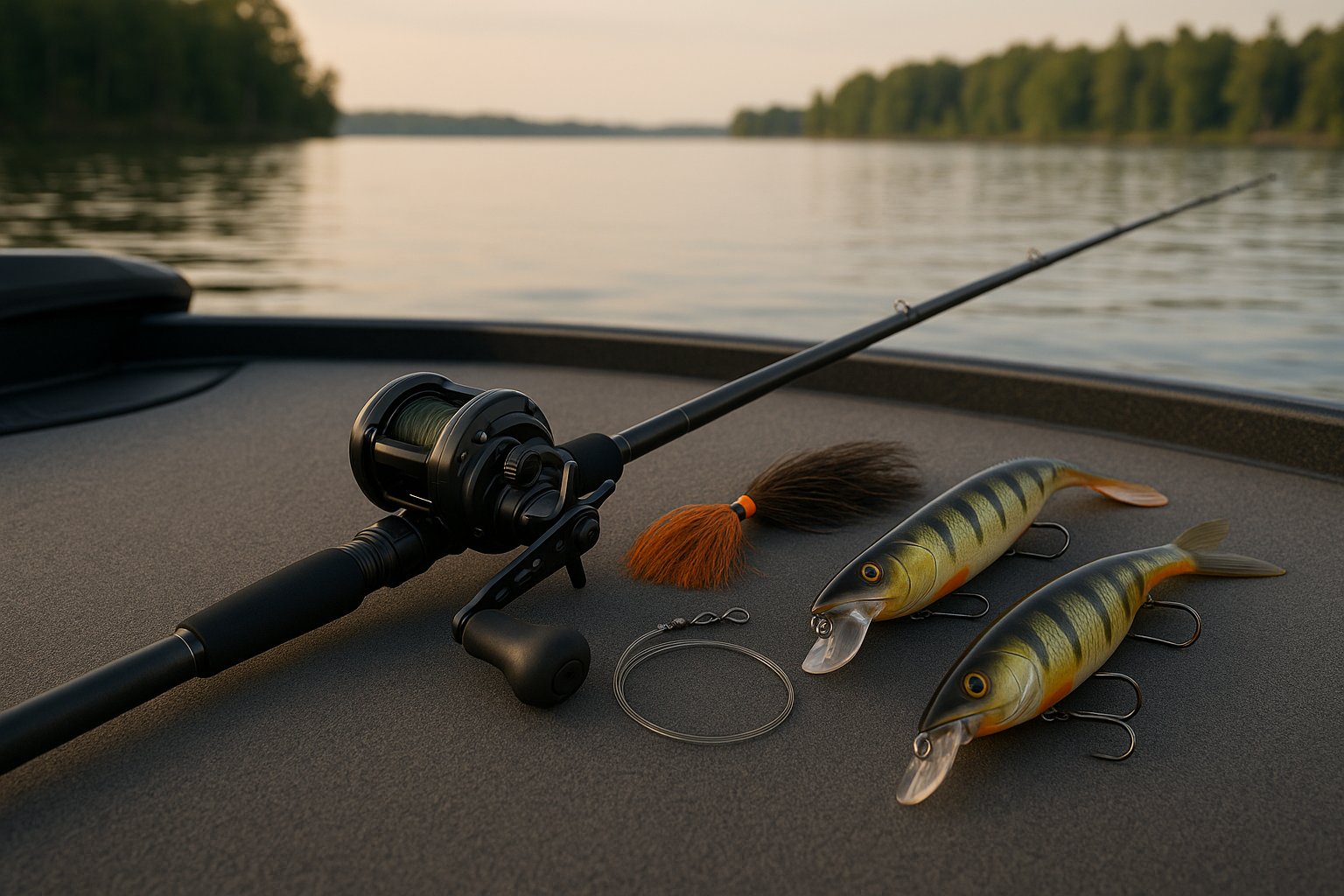 Musky rod, reel, braid, and leaders on a boat deck.