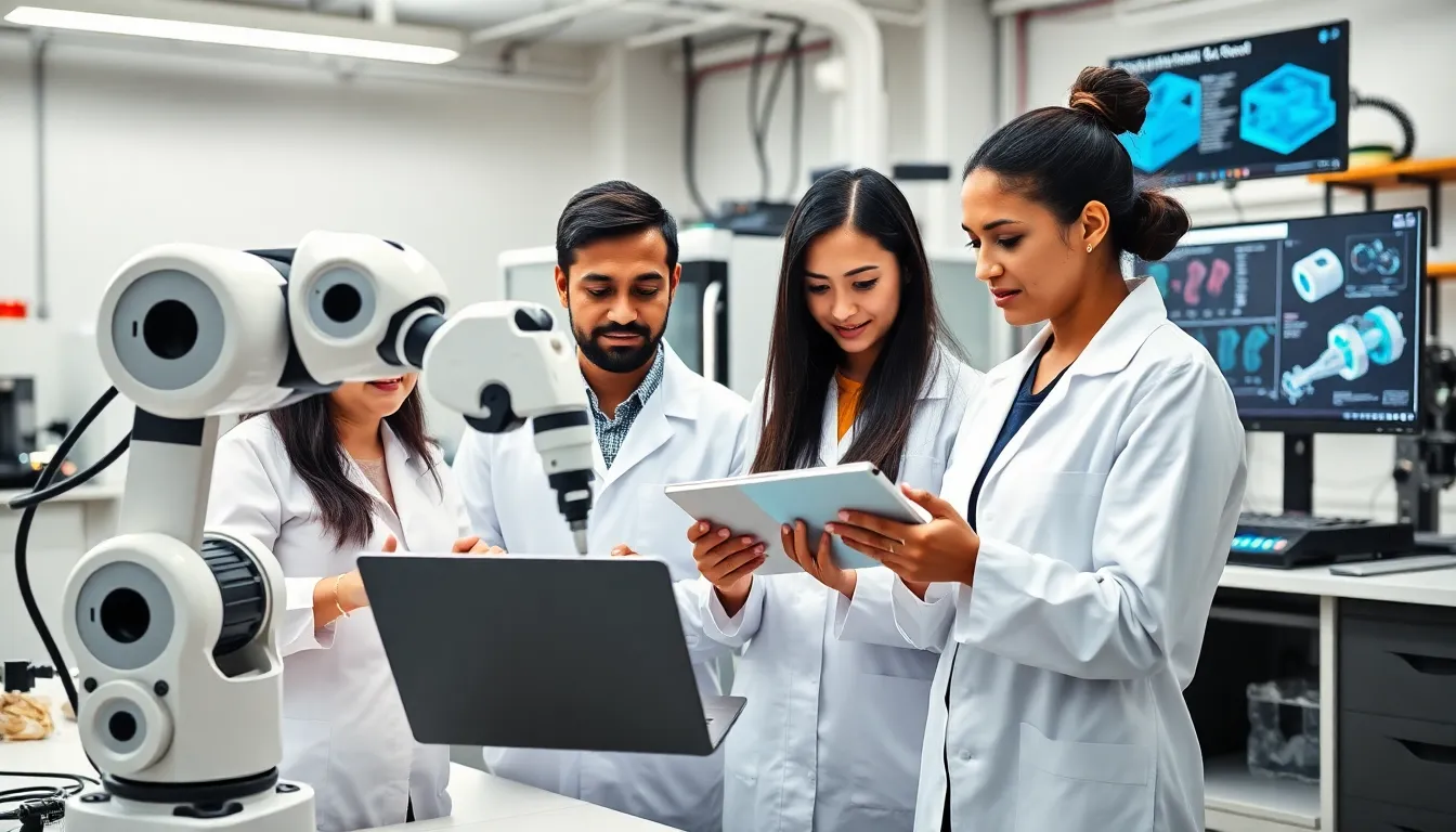 diverse team of engineers collaborating in a modern robotics lab.