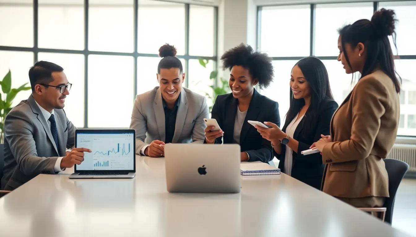 diverse team discussing social media recruitment strategies in a modern office.