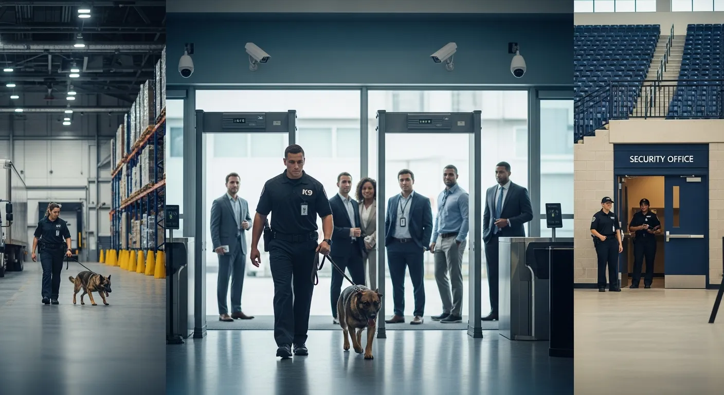 K9 security teams patrolling an event entrance, warehouse dock, and public venue.