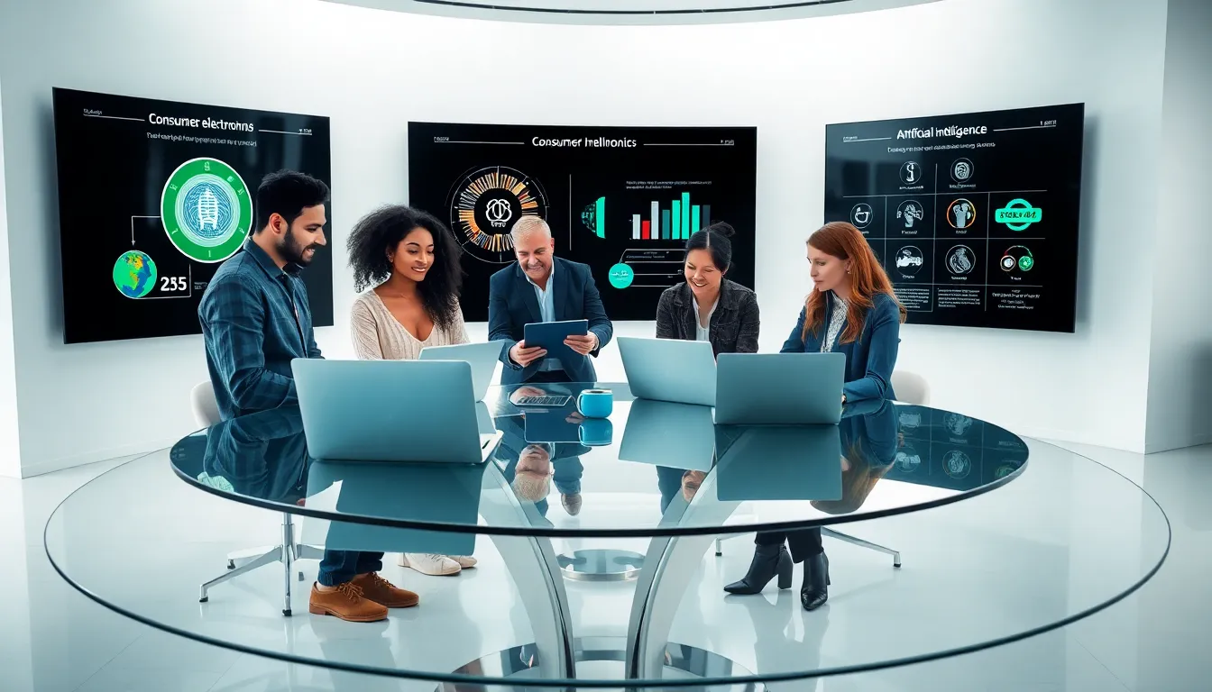 diverse professionals collaborating on consumer electronics in a modern office.