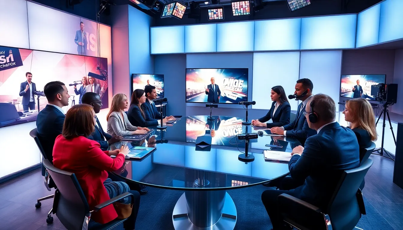 diverse team in a broadcast studio creating advertisements.