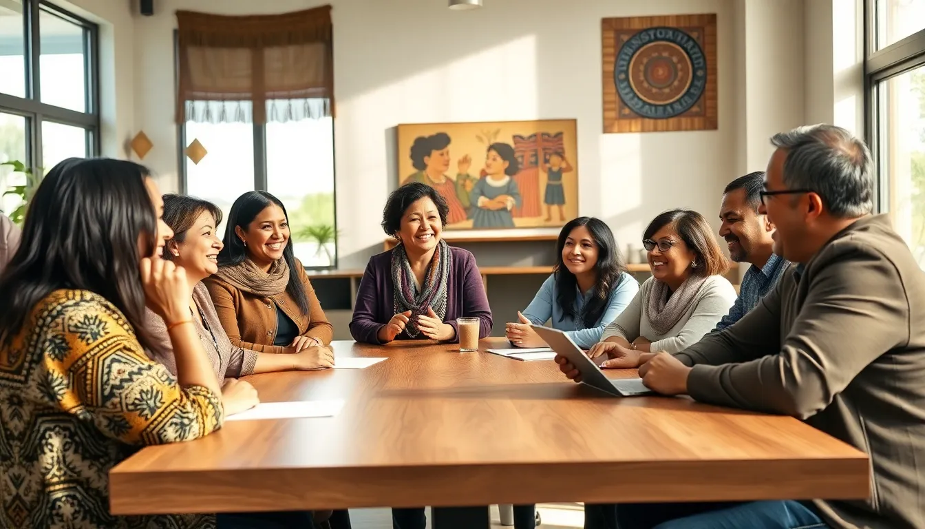 diverse group discussing cultural identity in a community center.