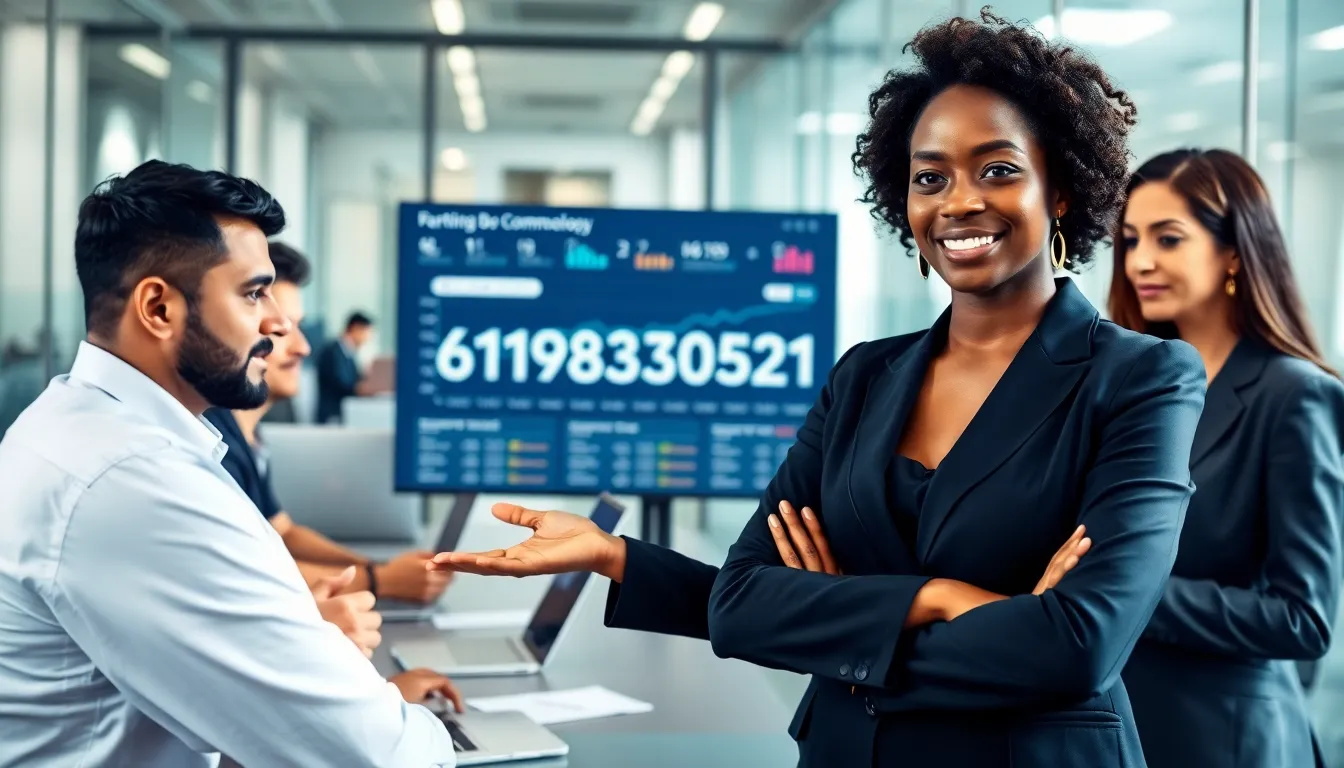professionals discussing technology in a modern office setting.