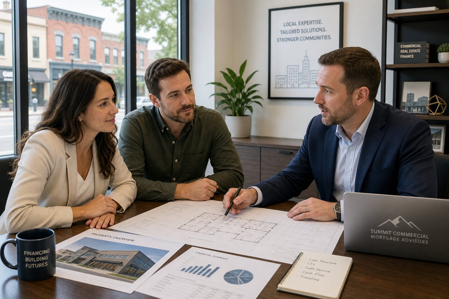 Commercial mortgage advisor meeting with two business owners in a bright office reviewing documents and a laptop.