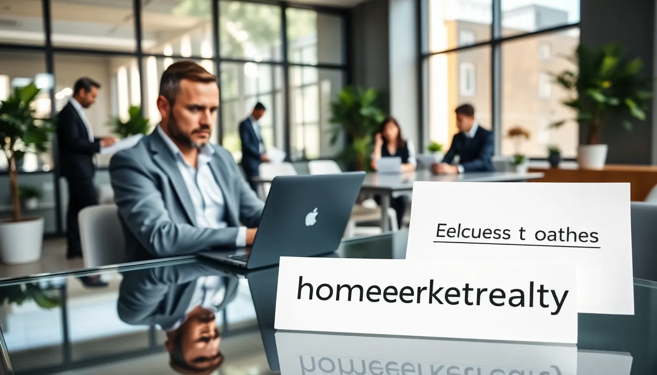 real estate agent at a modern desk discussing emails with a diverse team.