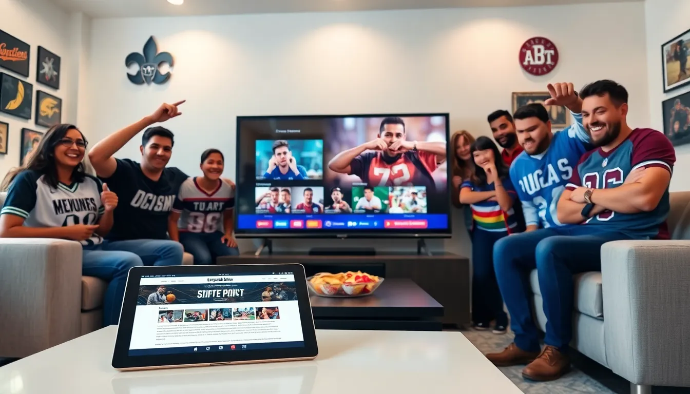 diverse sports fans gathered around a TV and tablet in a modern living room.