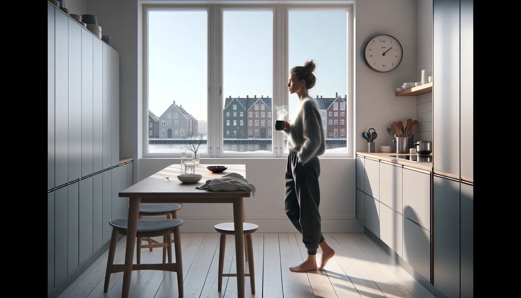 Norwegian woman fasting in a bright kitchen, drinking black coffee at 11 a. M.