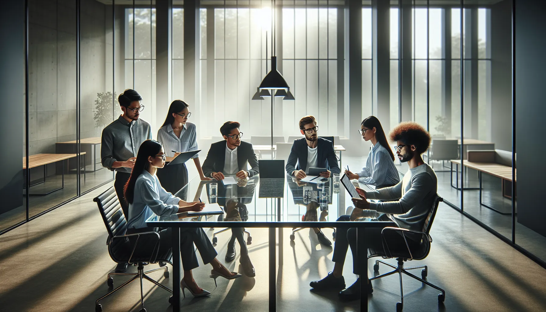 diverse team collaborating in a modern conference room.