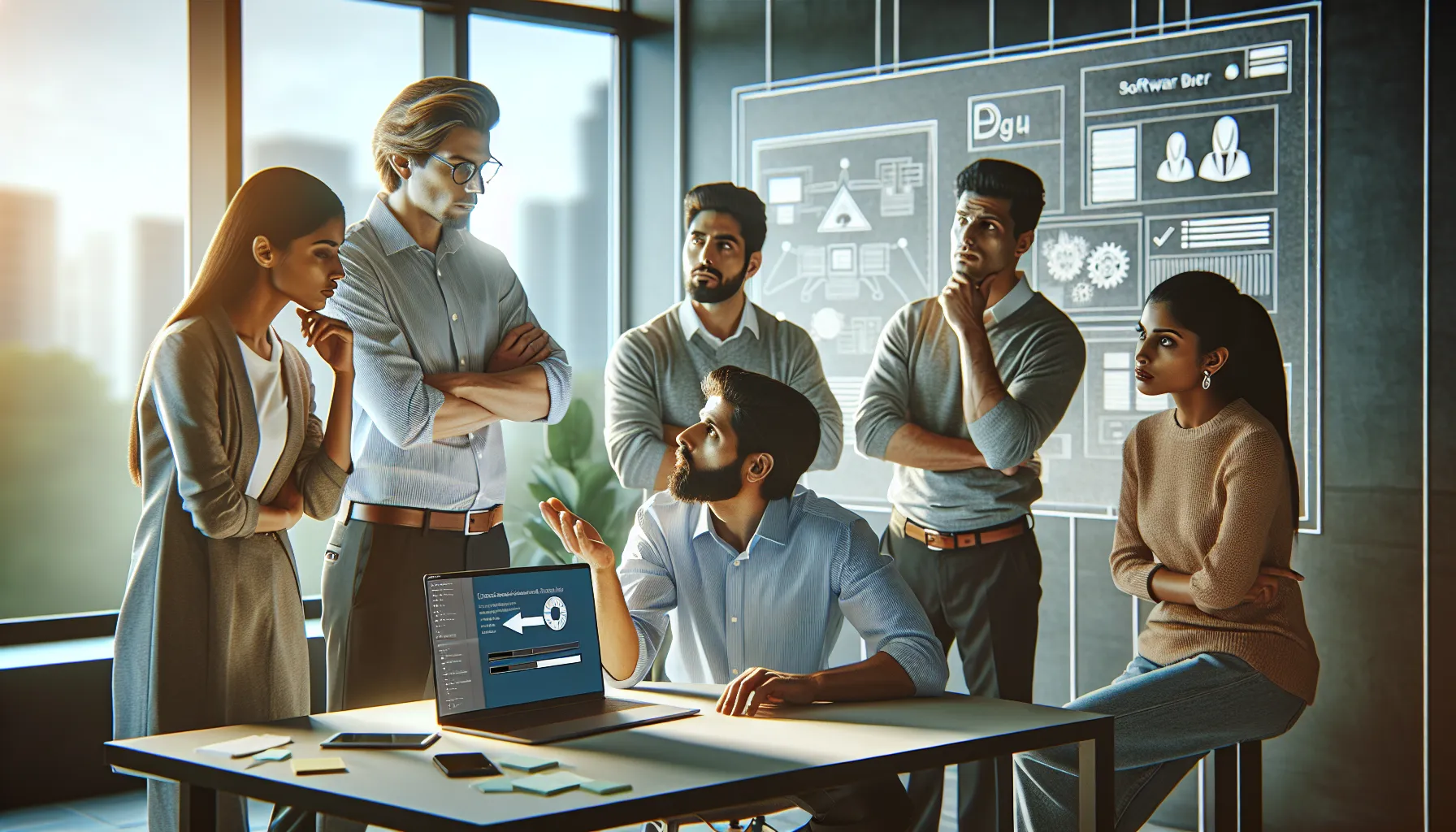 IT professionals discussing software installation issues at a conference table.