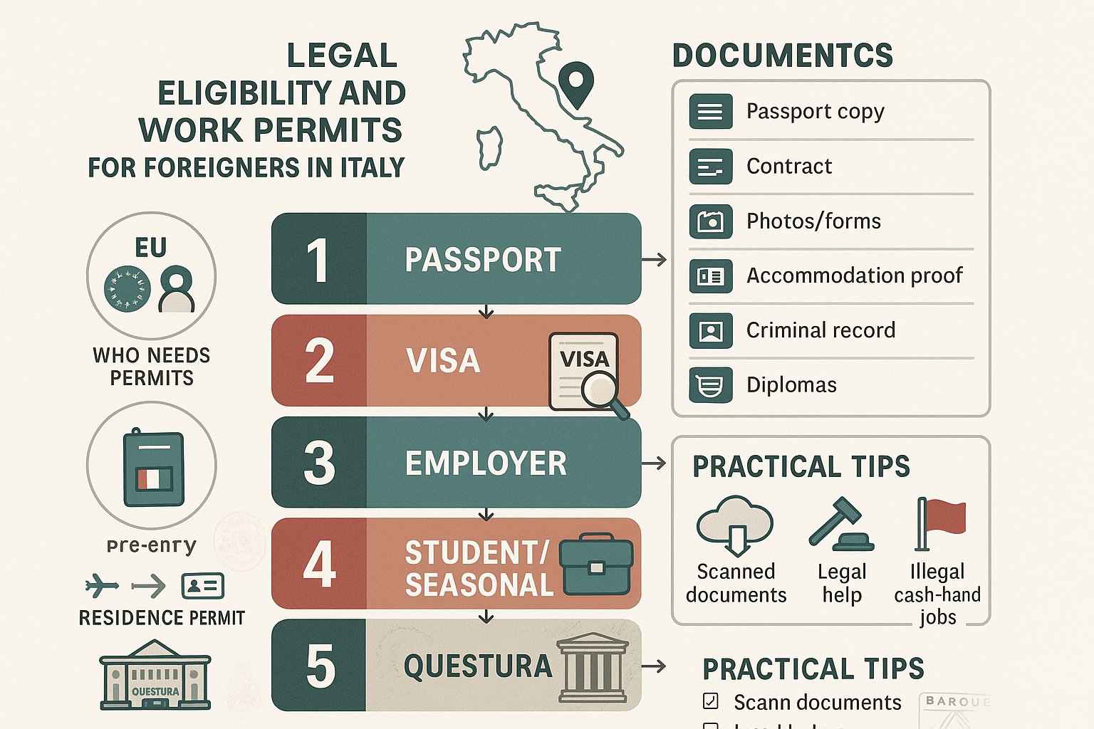 Diagramma di flusso che mostra i passaggi e i documenti per gli stranieri che ottengono permessi di lavoro in Italia.
