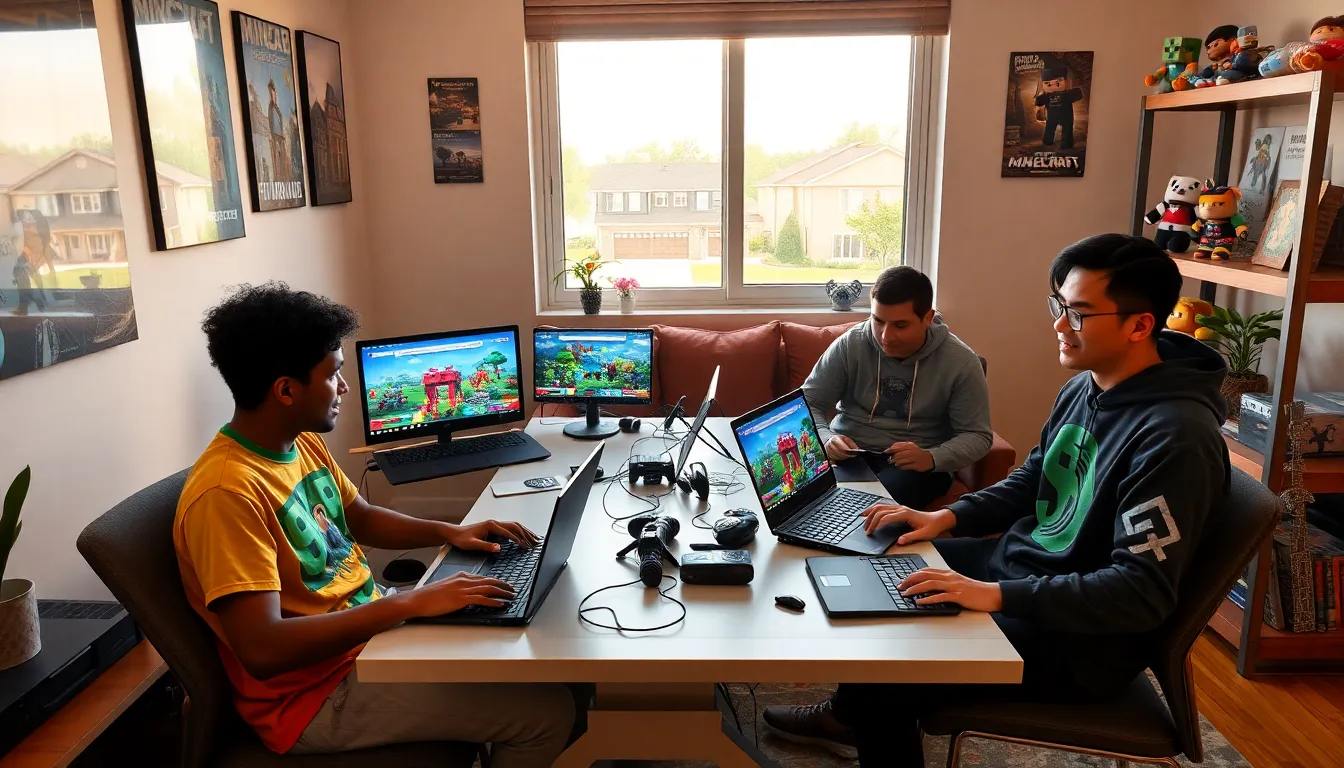 four diverse players engaging in Minecraft together in a cozy room.