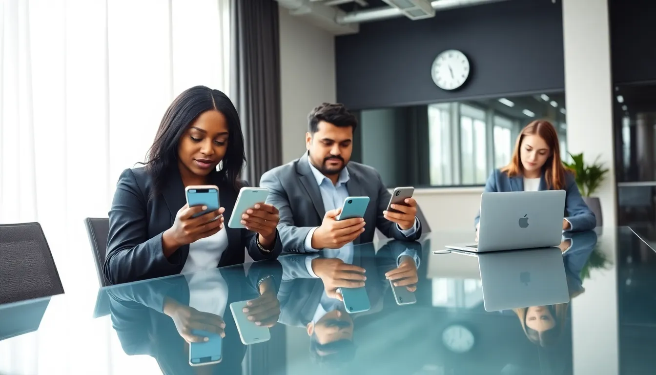 professionals analyzing smartphone screen time in a modern office.