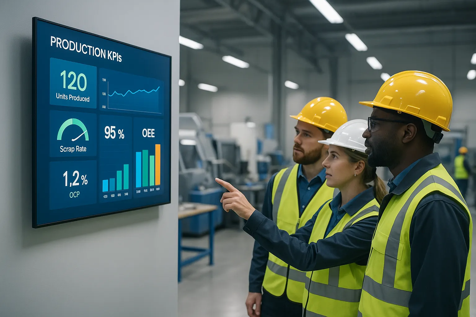 Factory workers viewing digital signage displaying production KPIs in modern manufacturing facility.