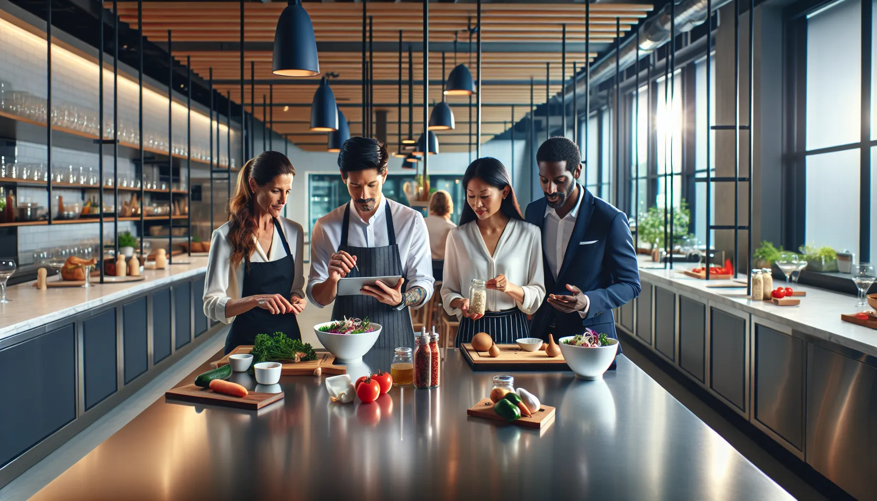 diverse chefs preparing dishes with кфефензу in a modern kitchen.