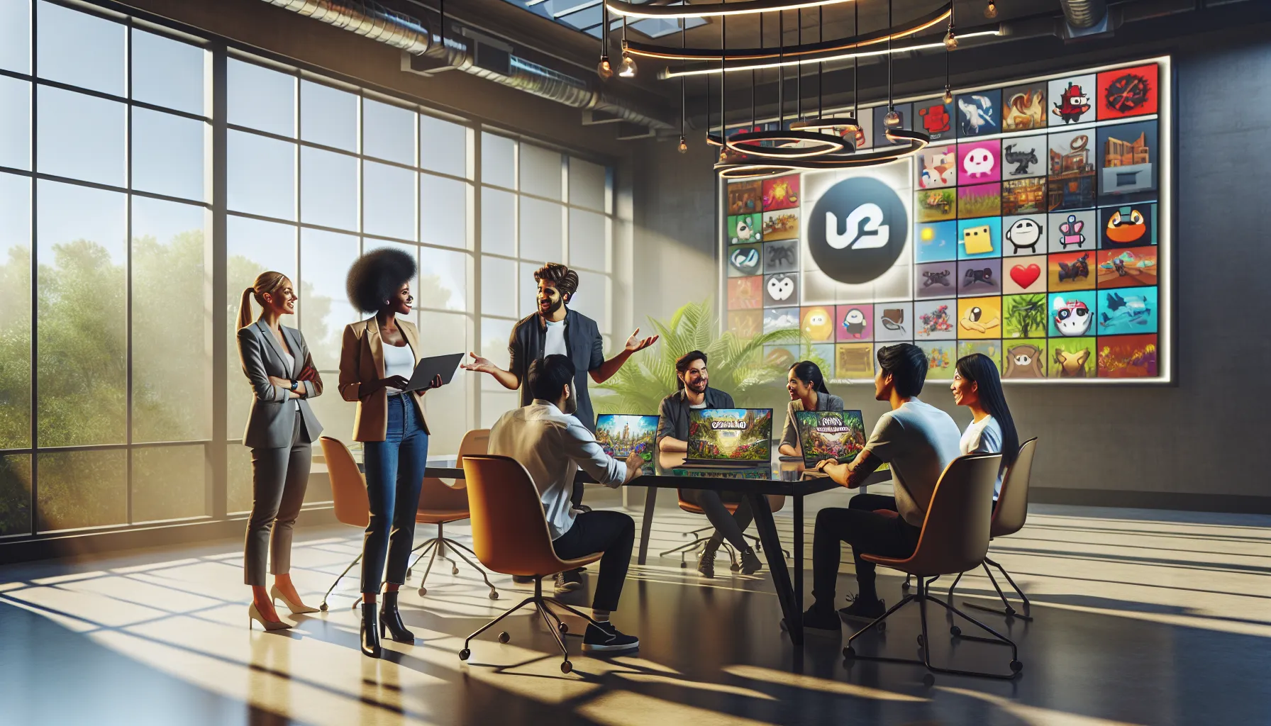 diverse team collaborating on PlayMyWorld gaming platform in a modern office.