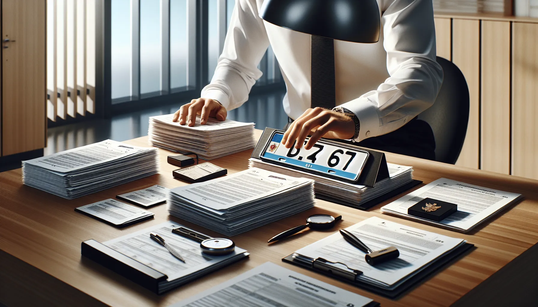 Hands placing German license plates on vehicle registration documents at an office desk.