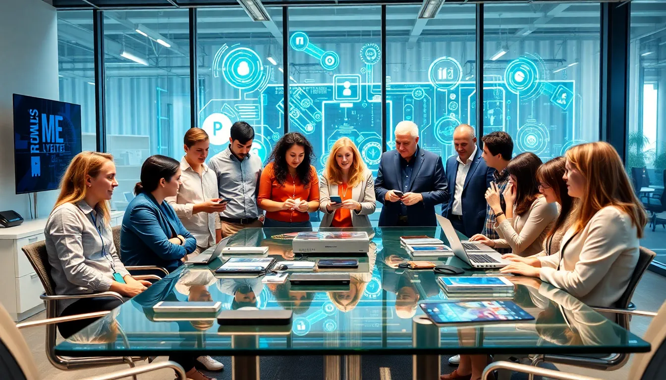 diverse professionals discussing hi-tech consumer electronics in a modern office.