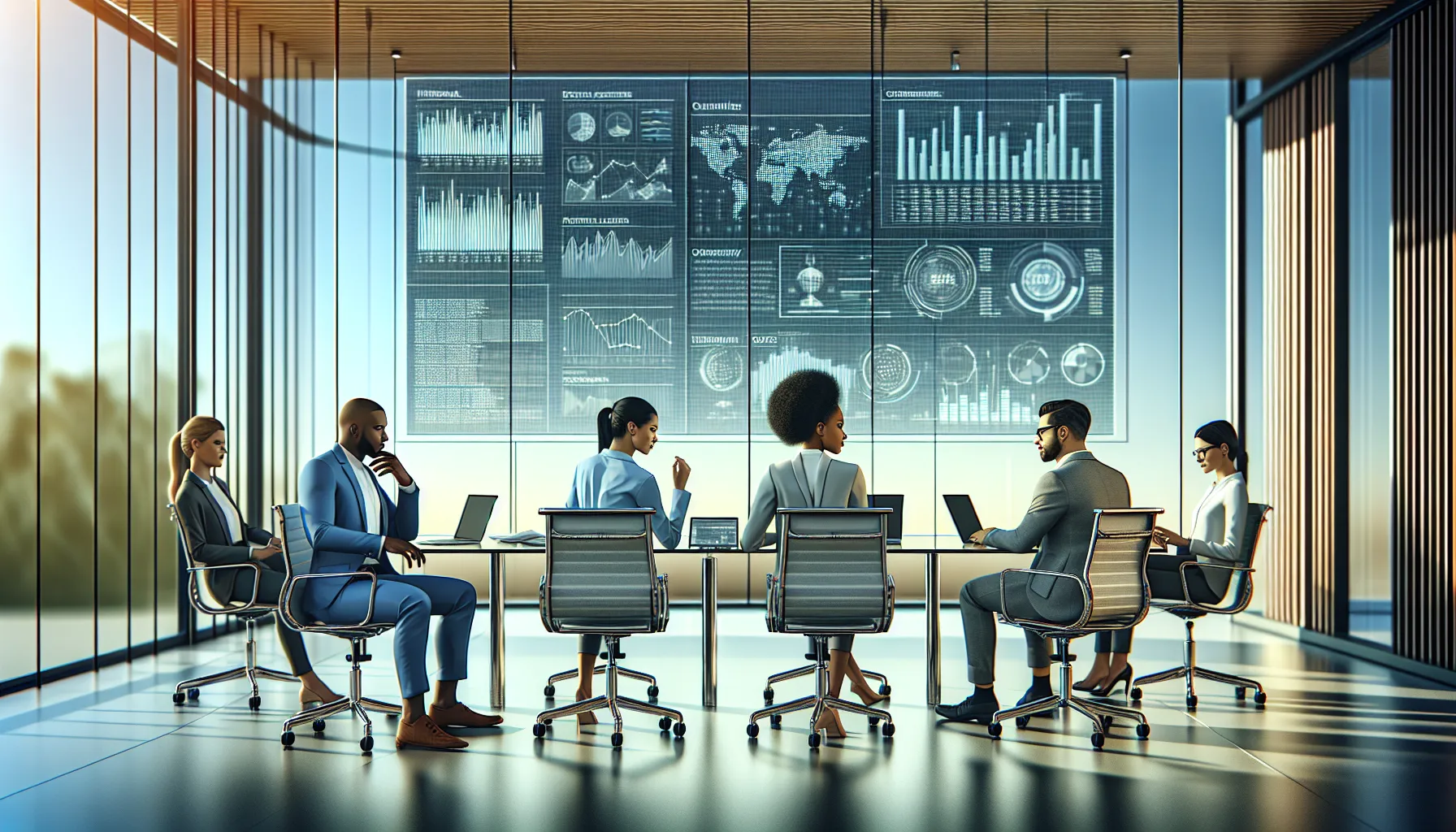 diverse professionals collaborating in a modern workspace on data analysis.