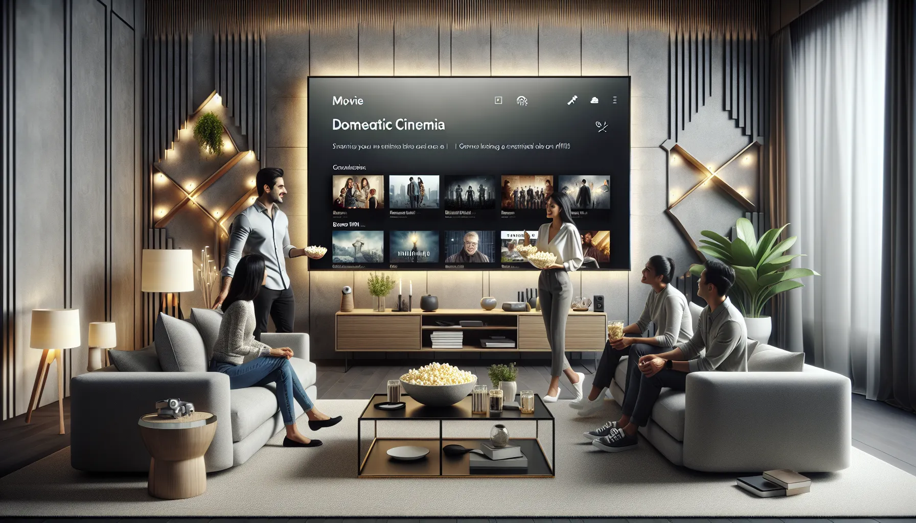 diverse group discussing movies in a modern living room.