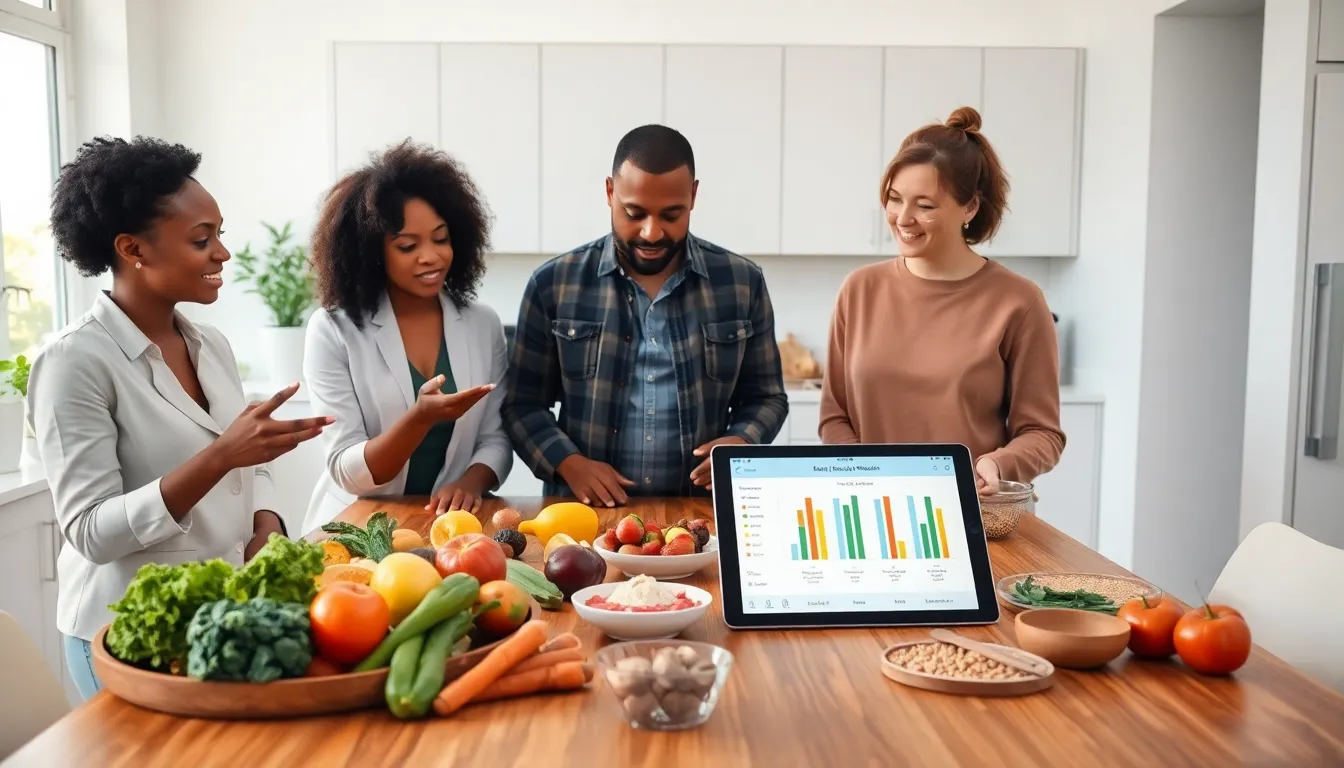 professionals discussing healthy eating in a modern kitchen.