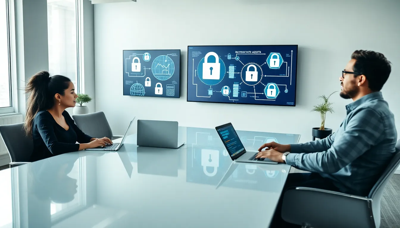 diverse professionals discussing encryption assets in a modern office.