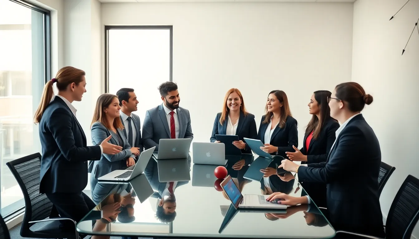 diverse professionals collaborating in a modern office setting.