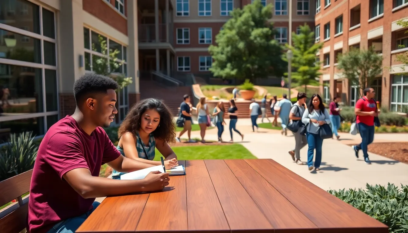 Students studying outside at Albany State University residence hall.