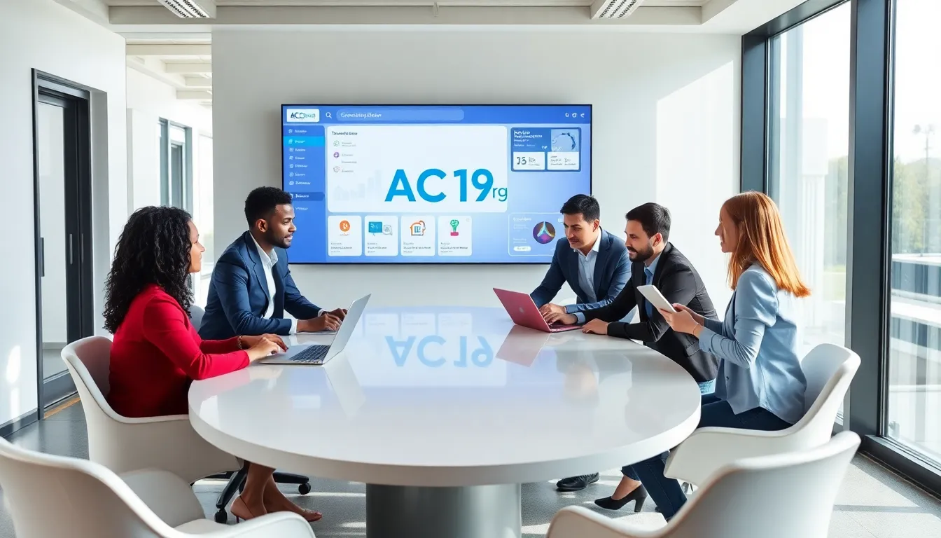 diverse team collaborating on digital tools in a modern office setting.