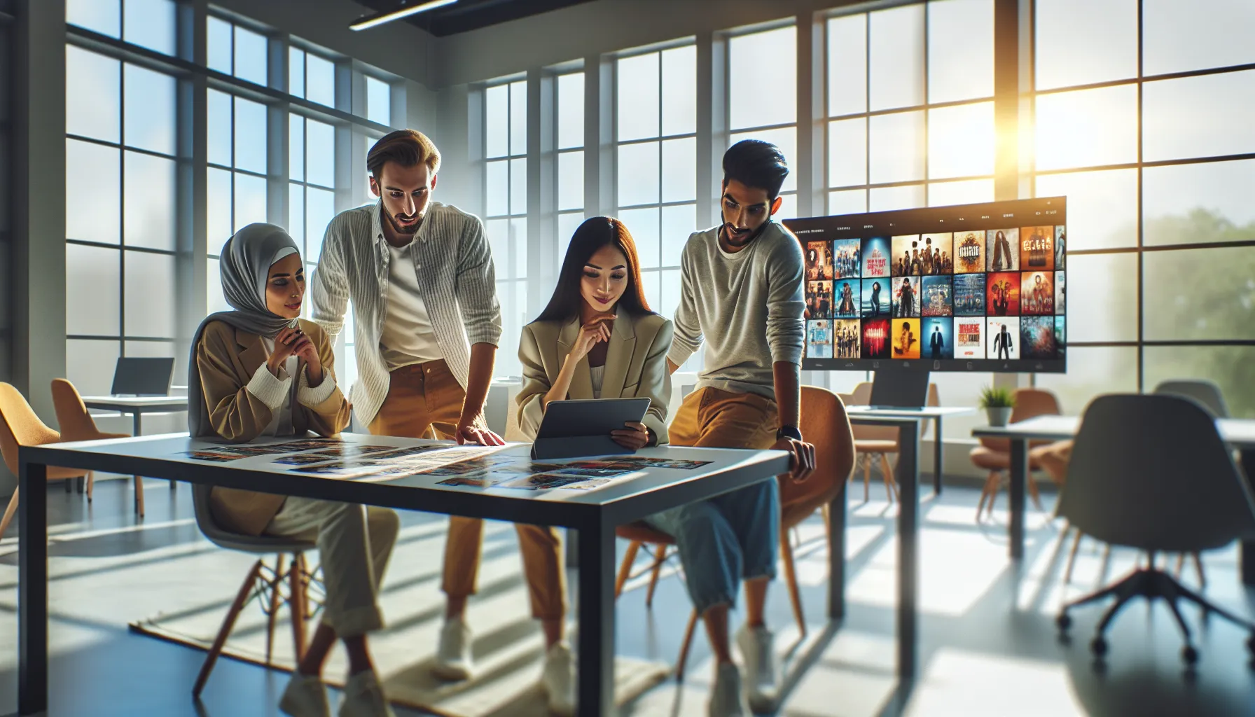 team discussing TheMoviesFlix.com in a modern office.