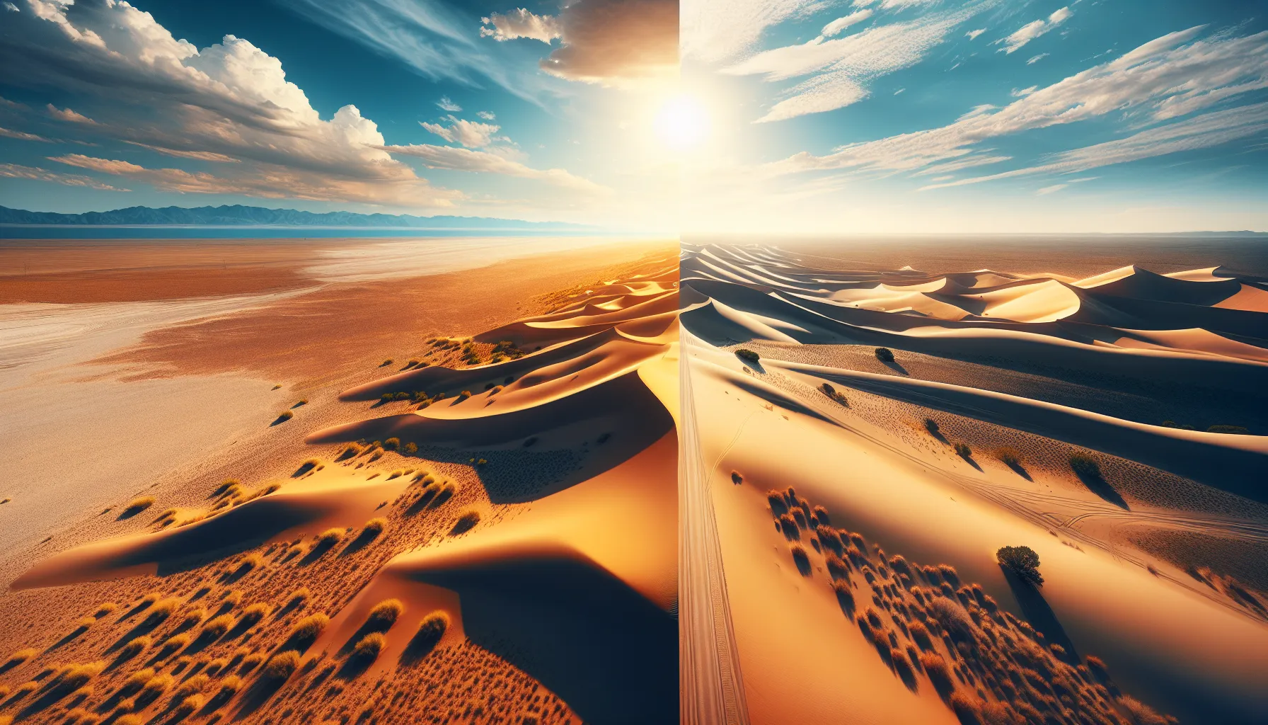 Various types of sand dunes in a sunny desert landscape in the United States.