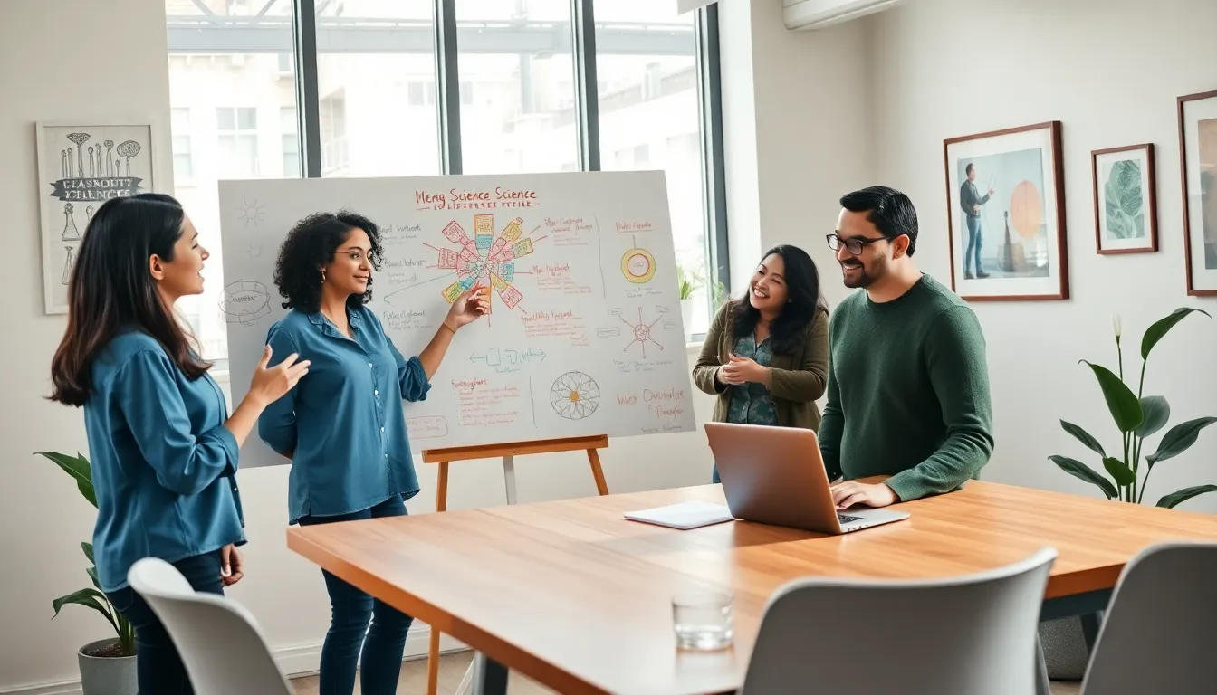 a diverse team collaborating in a modern office on science and lifestyle topics.