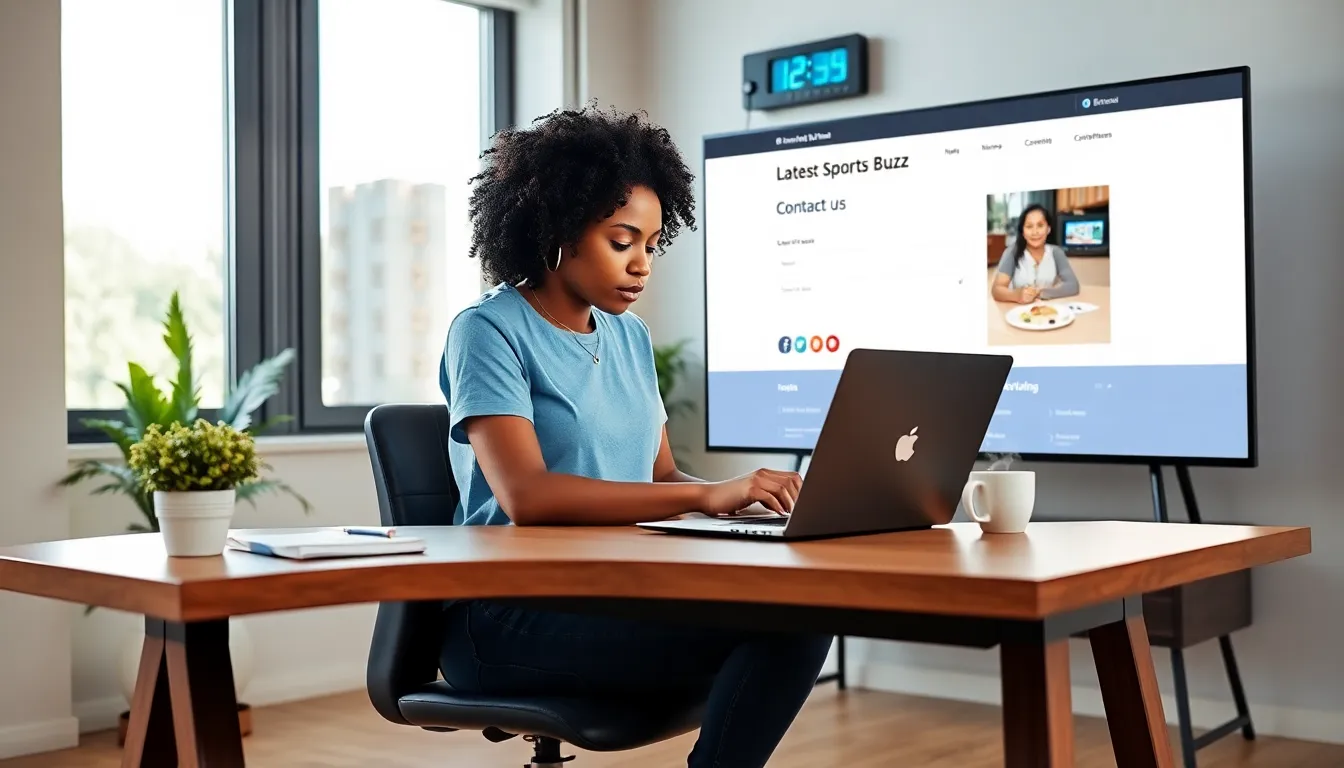 A woman at a desk interacting with the Latest Sports Buzz website.