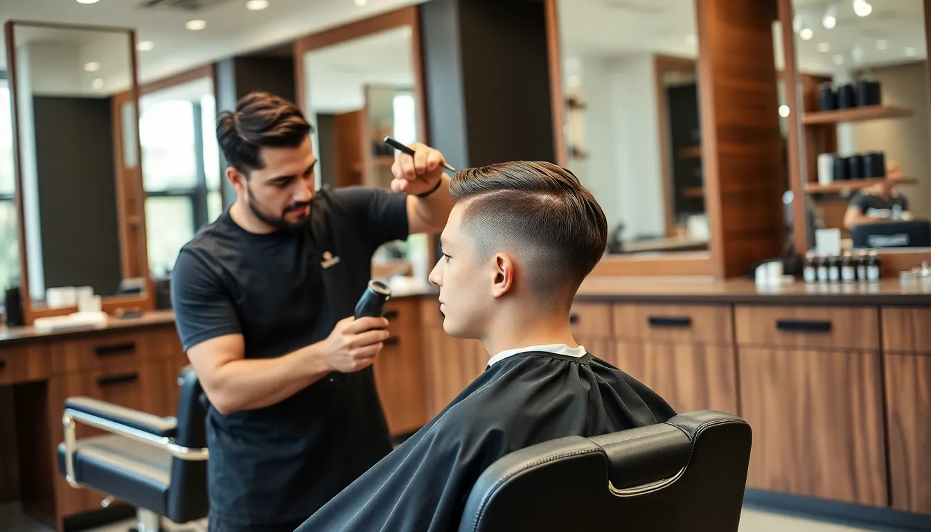 barber giving a mid fade taper haircut to a client.