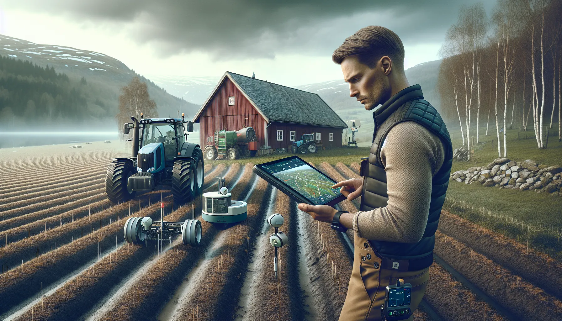 Norwegian farmer uses a tablet as a gps tractor works a hillside field.