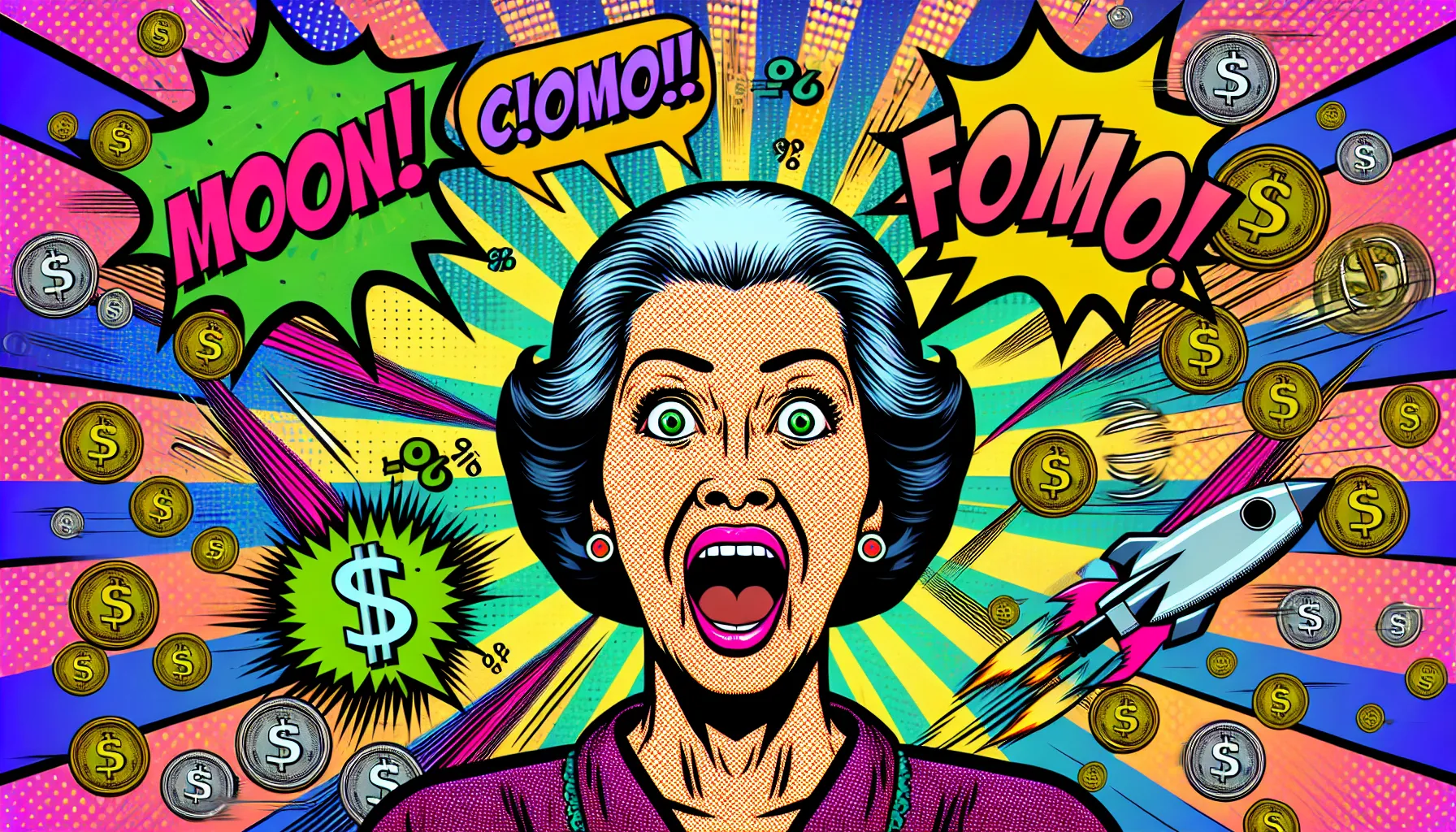 Excited person with wide eyes surrounded by rockets, coins, and 