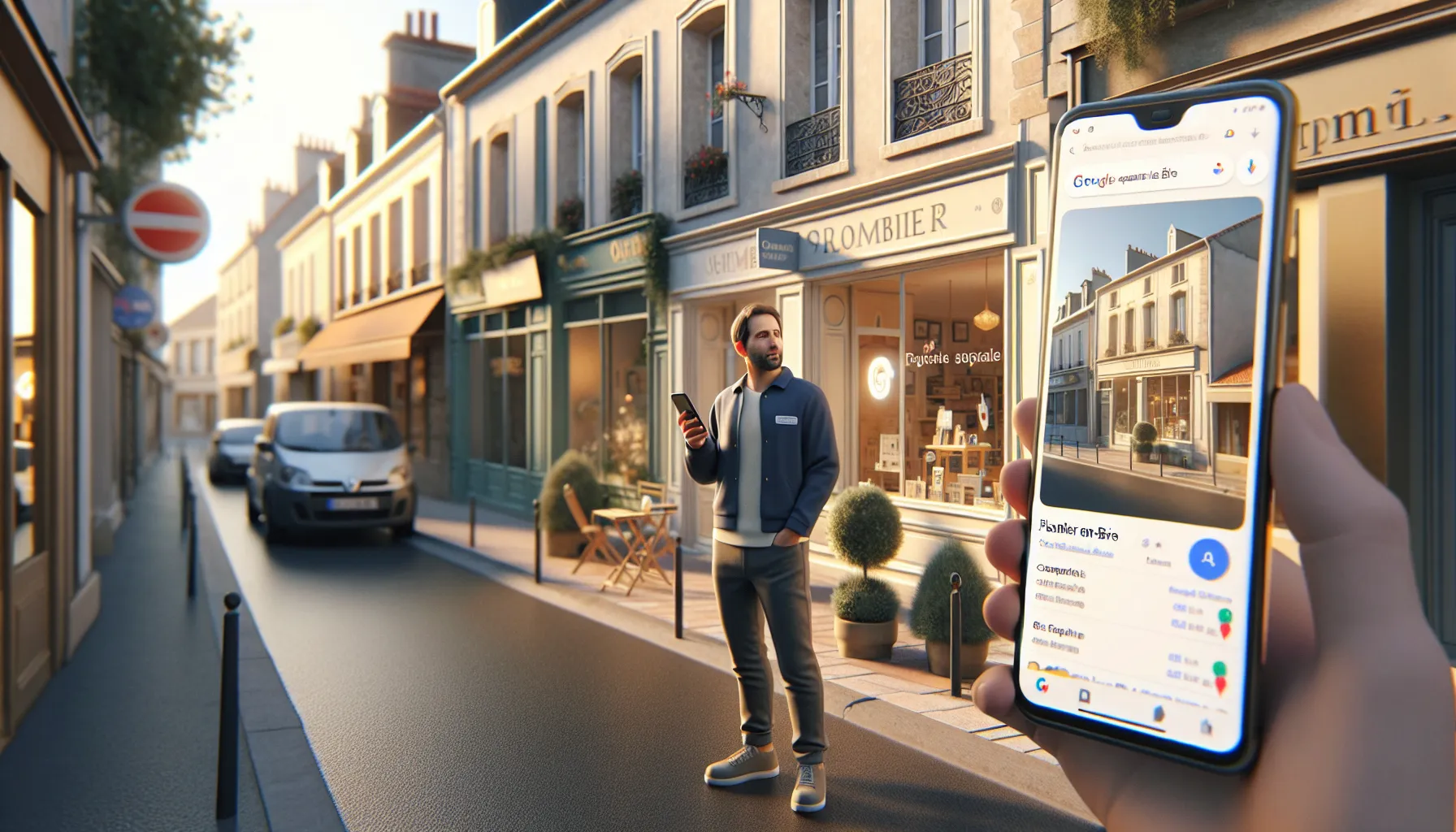 Local shop owner in Sucy-en-Brie checking Google search and Maps on his phone.