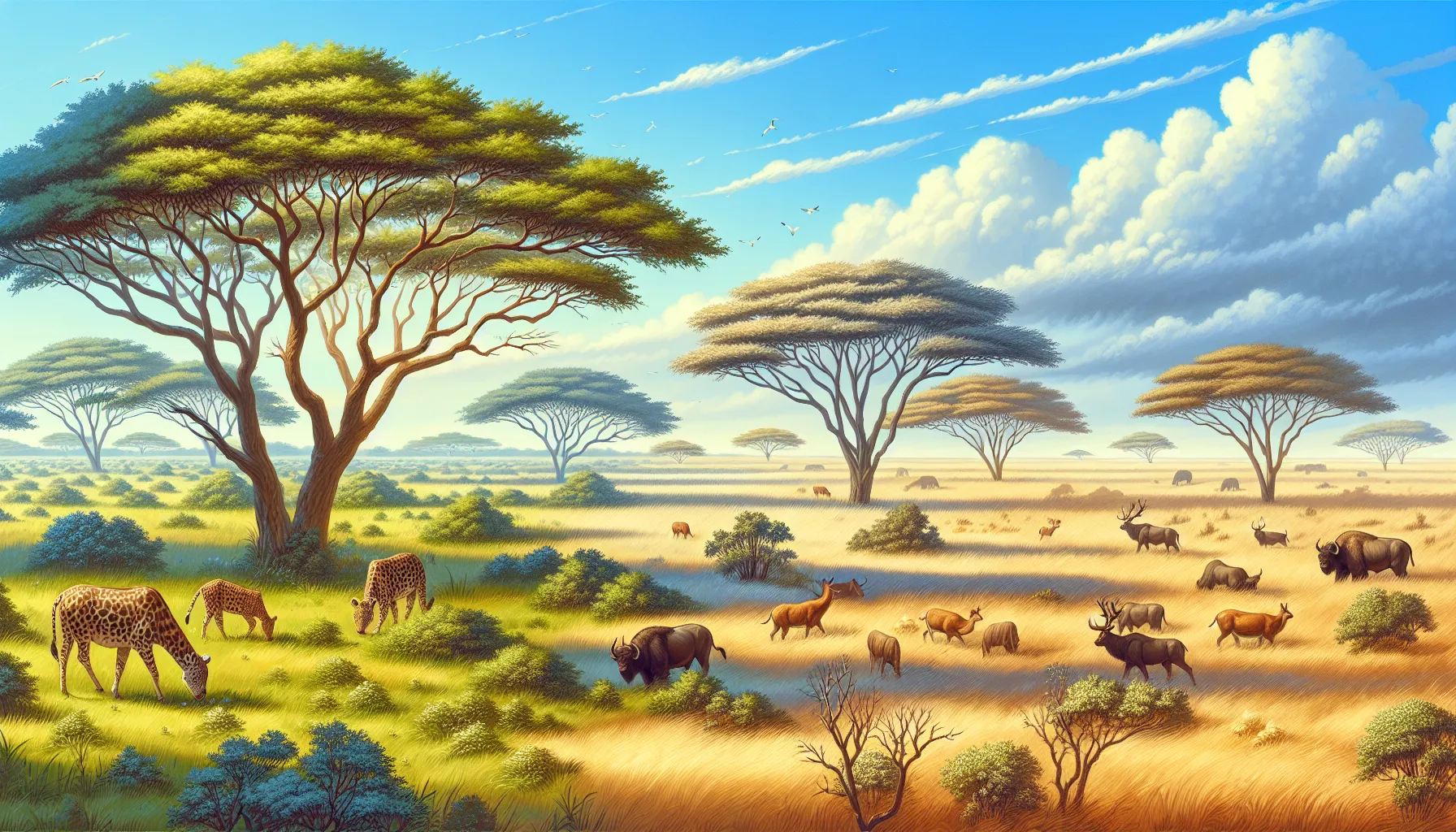 A savanna with grasses, scattered trees, and grazing animals under a clear sky.