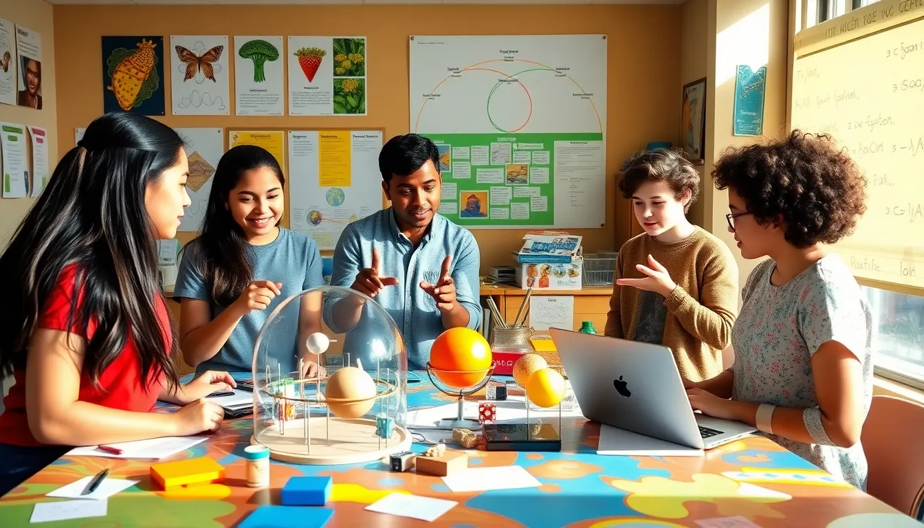 Students collaborate on a science project in a bright, engaging classroom.