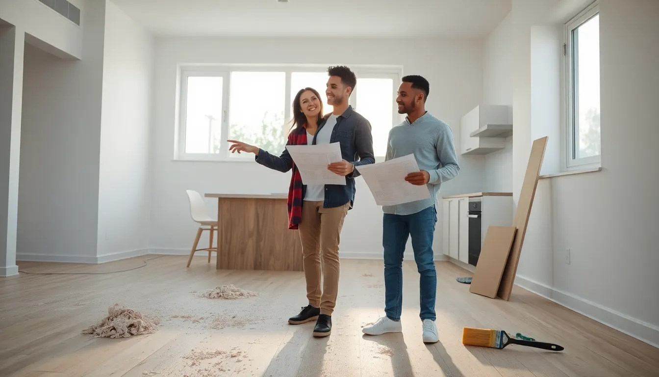 a couple inspecting a renovated home with dust and debris around them.