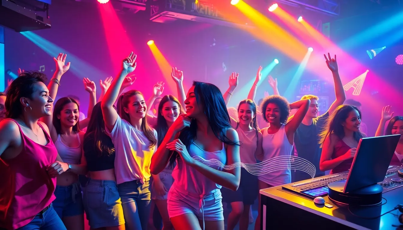 diverse group dancing in a colorful nightclub.