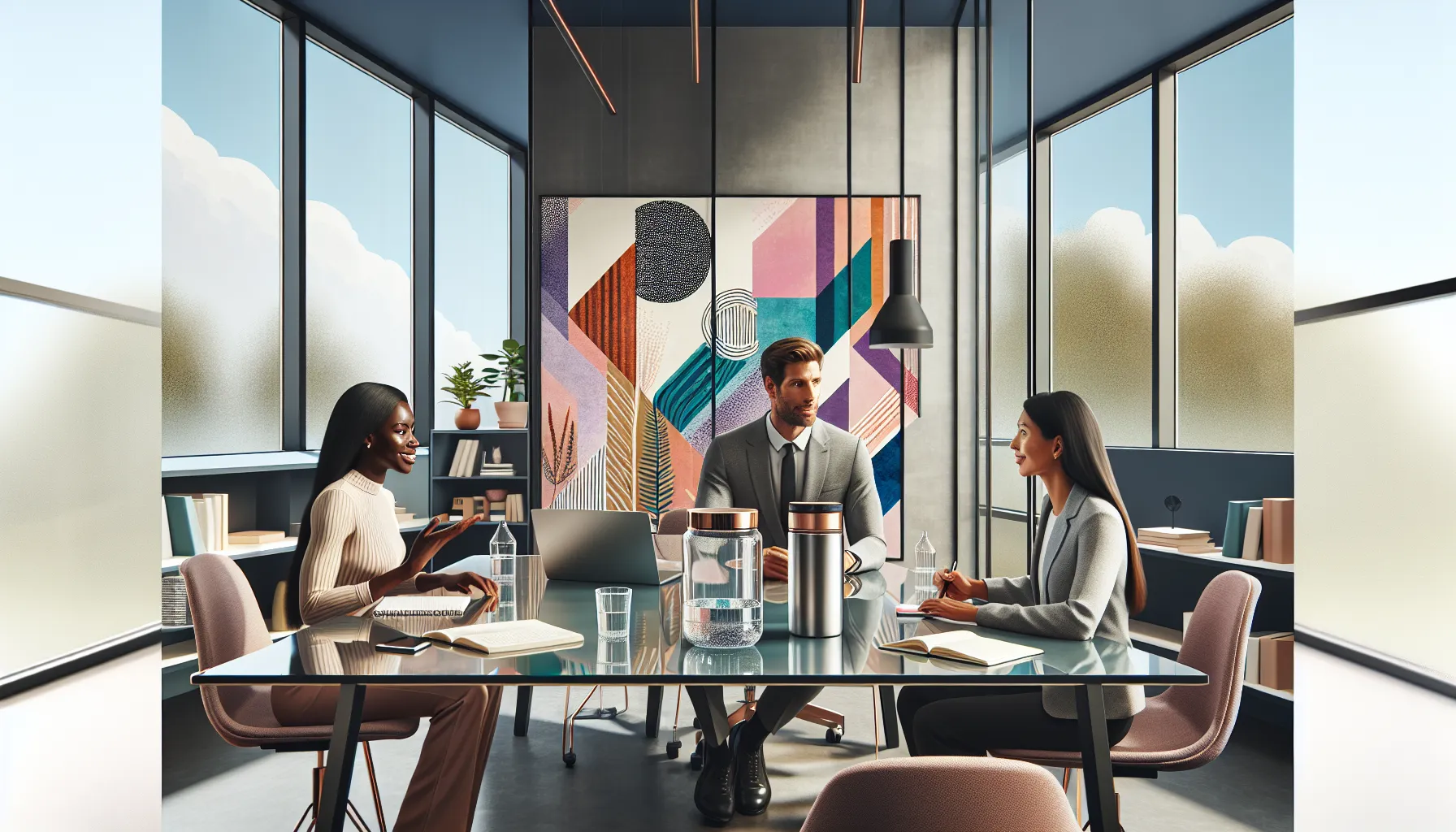 diverse professionals discussing self-care strategies in a modern office.