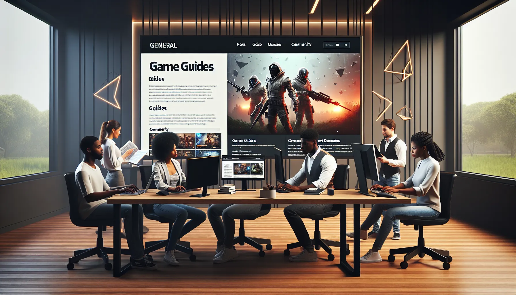 diverse group engaging with gaming guides in a modern office.